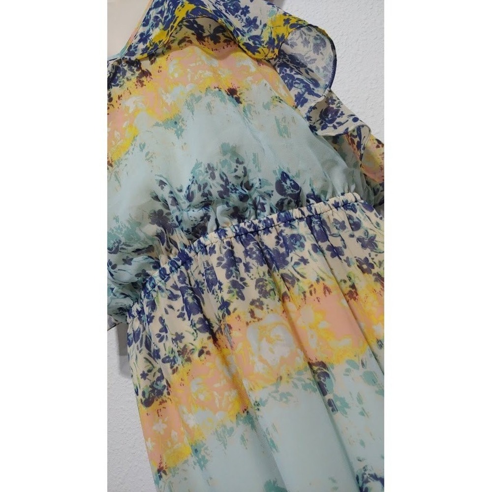 Bebe Floral Print Maxi Dress L Ruffle Tiered Spaghetti Strap V Neck Yellow Blue - Picture 7 of 13